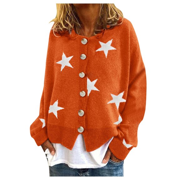 Fall Cardigans Women Warm Fashion Sweater Star Printing Long Sleeve O-Neck Sweater Cropped Button Sweater Top Work Cardians