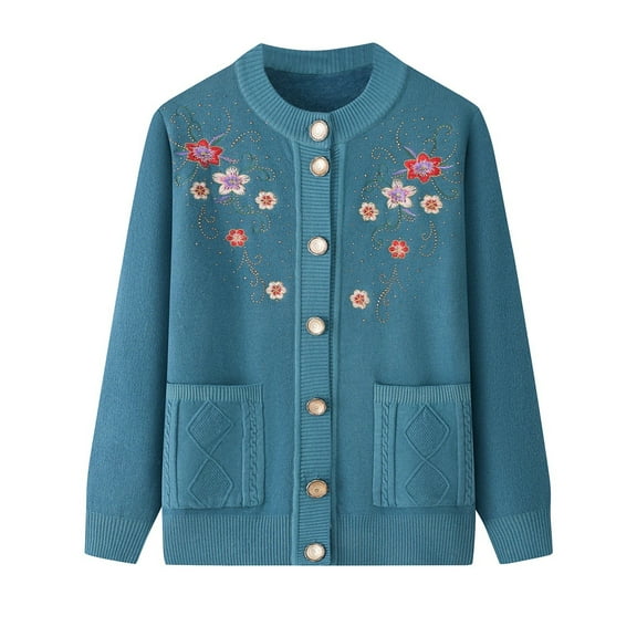 Fall Cardigans Women Warm Fleece Lined Floral Embroidered Bottoming Shirts Thermal With Pocket Lightweight Cardigans