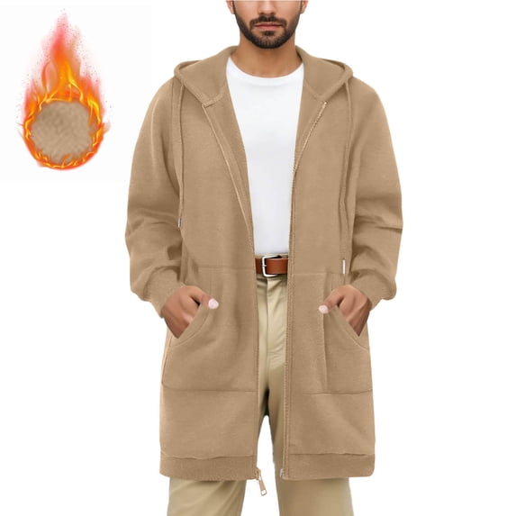 Fall Cardigans for Men Full Zip Black Long Trench Coat Warm Comfy Long Sleeve Hooded Jacket with Drawstring