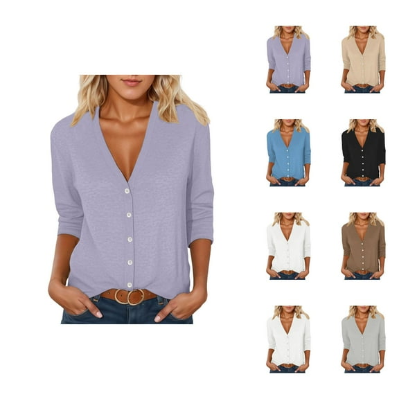 Fall Cardigans for Women 2025 Lightweight 3/4 Sleeve V Neck Button Casual Thin Cardigan Shirt Blouse Tops