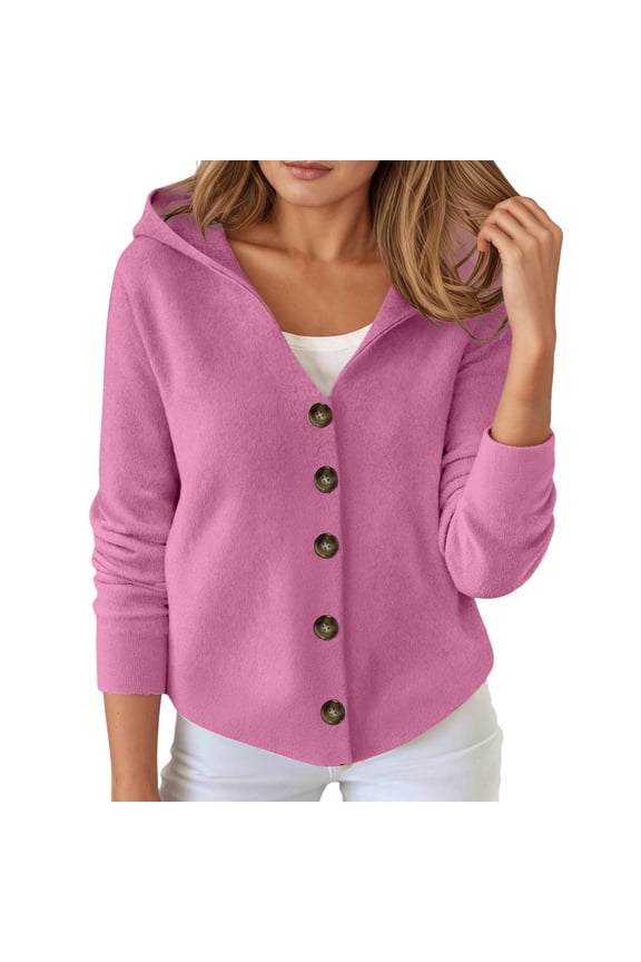 Fall Cardigans for Women Hooded Sweater Soft Knit Button Up Long Sleeve Cardigan Pink XXXXXS