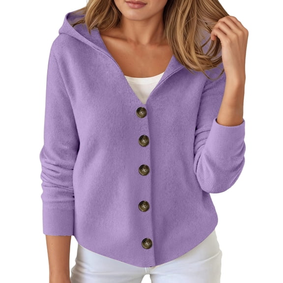 Fall Cardigans for Women Hooded Sweater Soft Knit Button Up Long Sleeve Cardigan Purple M