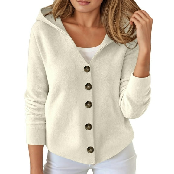 Fall Cardigans for Women Hooded Sweater Soft Knit Button Up Long Sleeve Cardigan WH1 L