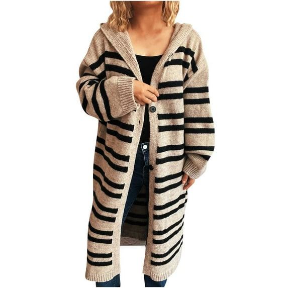 Fall Cardigans for Women Lightweight New Women's Striped Hooded Long Cardigans Color Block Button down Oversize Knitted Sweater Jacket Coat Khaki L