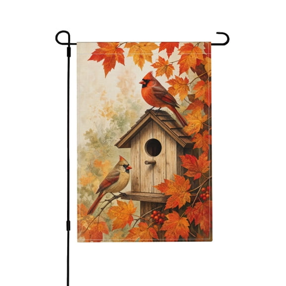 Fall Cardinal Bird Garden Flag with Maple Leaves Welcome Autumn Thanksgiving Yard Decor 12x18 in