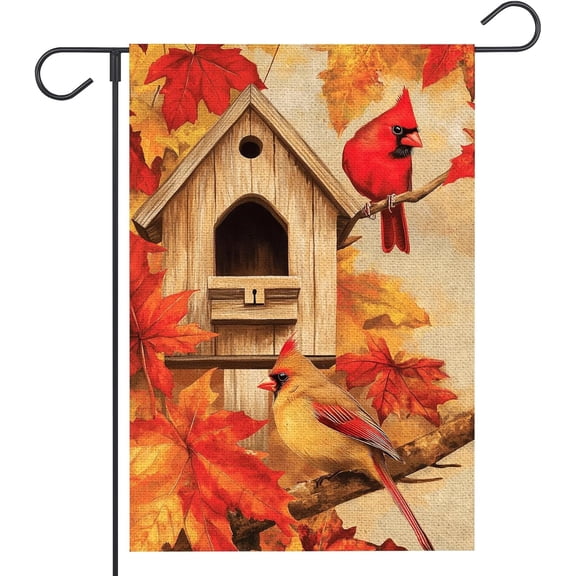 Fall Cardinal Garden Flag 12x18 Inch Vertical Double Sided Maple Leaves Autumn Seasonal Yard Outdoor Decoration Burlap Flag