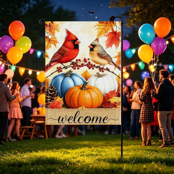 Fall Cardinal Mixed Pumpkin Welcome 2D Garden Flag, Rustic Farmhouse Halloween Thanksgiving Decor, No Flagpole, Halloween Gift