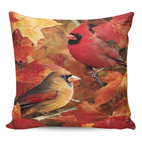 Fall Cardinal Pillow Covers 16x16 Inch Decorative Throw Pillow Cover, Thanksgiving Autumn Maple Leaf Birds Sofa Pillowcases Accent Cushion Case Home Decor Bedroom Living Room