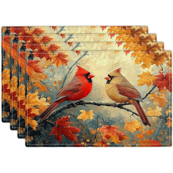 Fall Cardinal Placemats Set of 4, 12x18 Inch Atumun Maple Leaves Table Place Mat Seasonal Leaf Washable Non-Slip Heat Resistant Fabric Placement Mats for Party Dining Kitchen Indoor Outdoor Decor