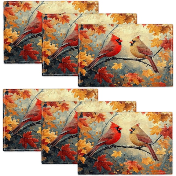Fall Cardinal Placemats Set of 6, 12x18 Inch Atumun Maple Leaves Table Place Mat Seasonal Leaf Washable Non-Slip Heat Resistant Fabric Placement Mats for Party Dining Kitchen Indoor Outdoor Decor