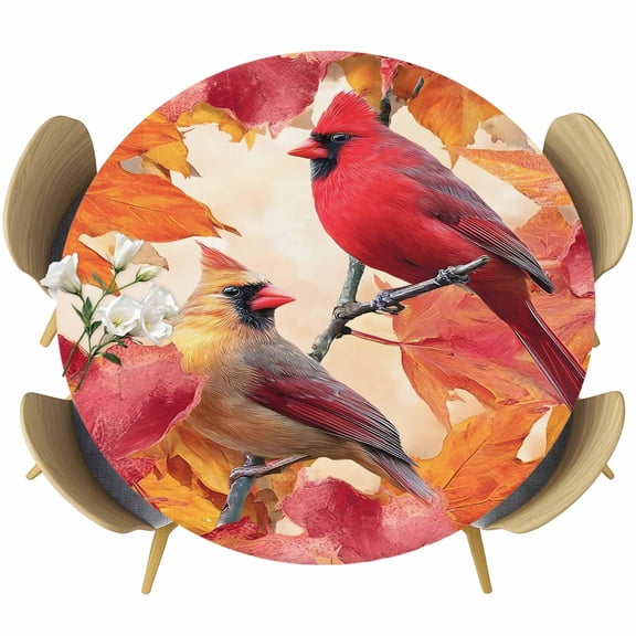 Fall Cardinal Round Tablecloth, Fitted Table Cover with Elastic for 36"-44" Round Tables, Thanksgiving Red Bird on Maple Leaf Table Cloth Outdoor Indoor Dinning Party Waterproof Tablecloths