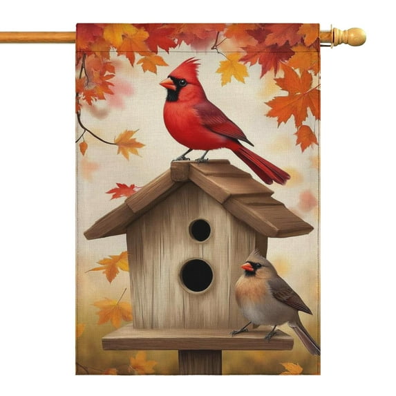 Fall Cardinals on Birdhouse with Leaves Fall Garden Flags 28"x40” Double Side,Small Yard Flags for Outside,Outdoor Fall Decor,Autumn Funny Garden Flag Yard Decoration