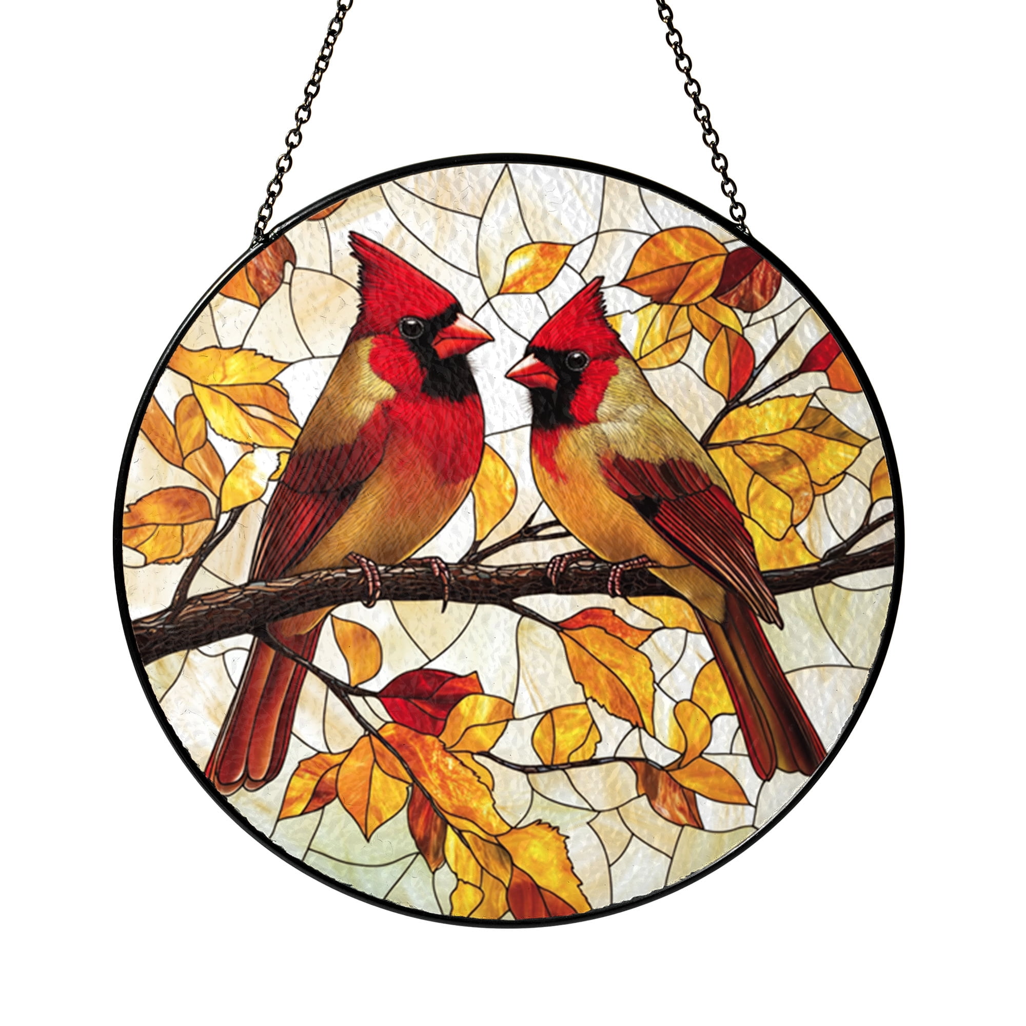 Round Top Fall Cardinal Fall Cardinals Round Stained Glass Window – 14 Inch Suncatcher ...