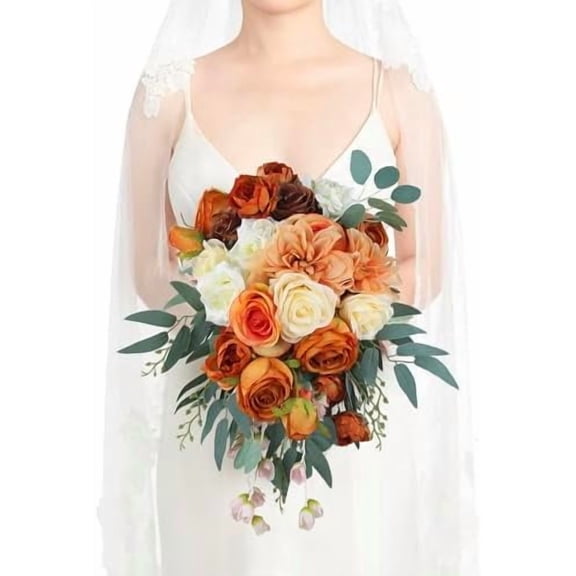 Fall Cascading Bouquet for Bride - Burnt Orange Boho Cascade Bridal Flowers - Terracotta Artificial Wedding Bouquet$$Home Decor, Kitchen, & Other