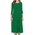 thumbnail image 1 of Fall Casual Dress for Women Loose Fit 3/4 Sleeve Crew Neck Pleated A-line Mid Long T-shirt Dresses Plus Size (M, Green), 1 of 7