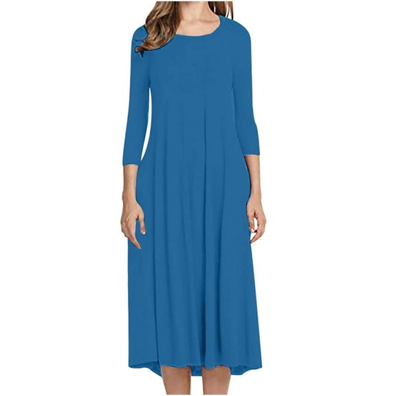 Fall Casual Dress for Women Loose Fit 3/4 Sleeve Crew Neck Pleated A-line Mid Long T-shirt Dresses Plus Size (S, Blue)