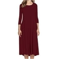 thumbnail image 1 of Fall Casual Dress for Women Loose Fit 3/4 Sleeve Crew Neck Pleated A-line Mid Long T-shirt Dresses Plus Size (XL, Wine), 1 of 7