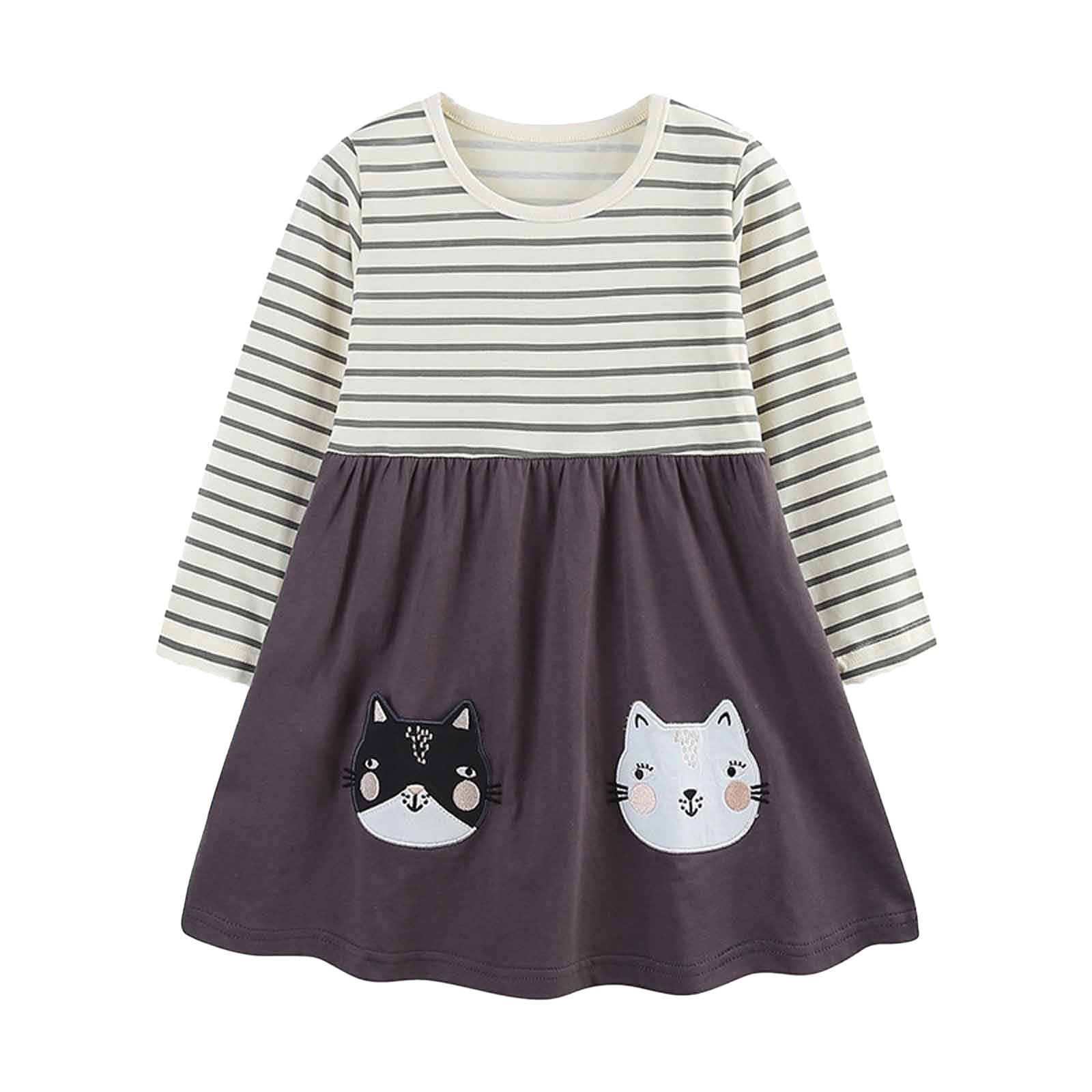 Fall Casual Dresses for Girls Long Sleeve Strip Cotton Loose Cute Dress ...