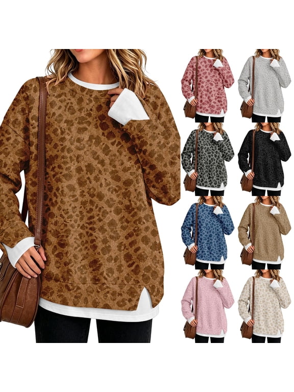 Fall Casual Fake Two Piece Sweatshirt Tunic Top for Women Leopard Print Crew Neck Long Sleeve Loose Fit Pullover Black XL