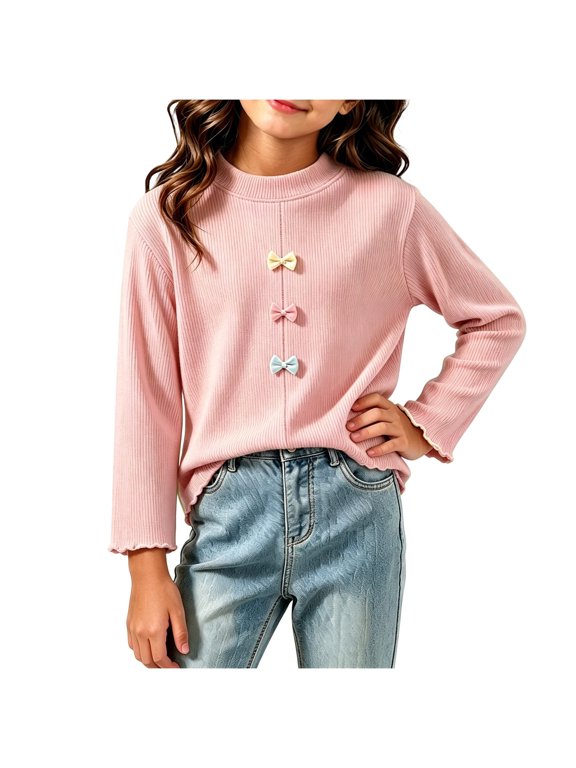 Fall Casual Tops Girls Trendy Cute Clothes Ribbed Knit Flutter Long Sleeve Layer Shirts Pullover Pink, Size 3 Y