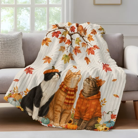 Fall Cat Fleece Throw Blanket for Couch, Thanksgiving Autumn Harvest Vintage Maple Leaf Microfiber Flannel Blanket for All Season, Lightweight Soft Throw Blankets for Baby, Kids, Pets, 30"x40"