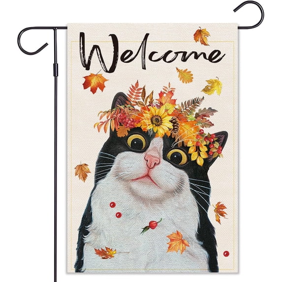Fall Cat Garden Flag For Outside Thanksgiving Black White Welcome Garden Flags Double Sided Front Yard Small Flag Vertical Autumn Decor Outdoor Fall Decorations
