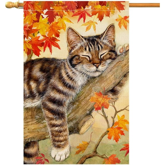 Fall Cat House Flag 28 x 40 Vertical Double Sided Autumn Leaves Thanksgiving Holiday Outside Decorations Burlap Yard Flag BW699-40