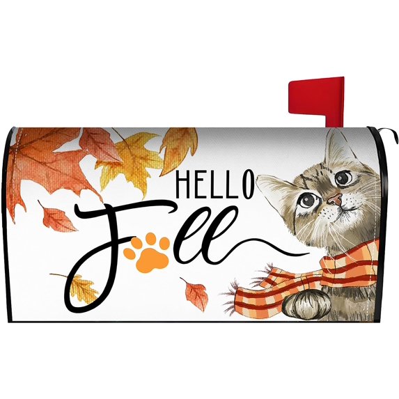 Fall Cat Mailbox Cover 21x18 Inch, Hello Fall Post Letter Box Covers, Autumn Harvest Thanksgiving Magnetic Waterproof Mail Wraps for Outdoor Yard Garden Standard Mailbox Decor