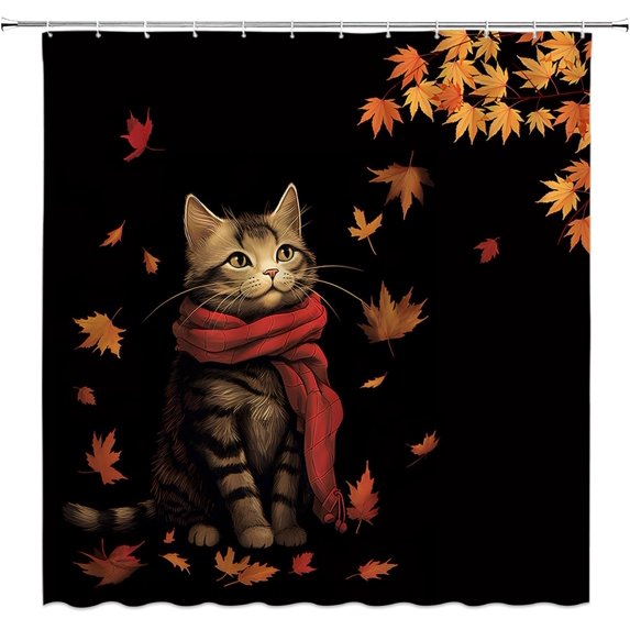 Fall Cat Shower Curtain Funny Cat Maple Leaves Thanksgiving Holiday Watercolor Rustic Farmhouse Autumn Fabric Decorative Bathroom Curtains with Hooks,Orange,Black