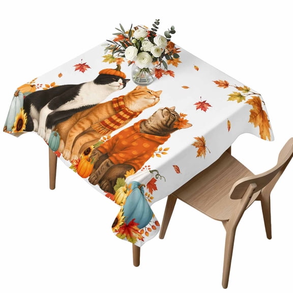 Fall Cat Table Cloth, Waterproof Tablecloth for Square Tables, Thanksgiving Autumn Harvest Pumpkins Maple Leaves Washable Fabric Table Cover for Restaurant Kitchen Dining Tables 54"x54"