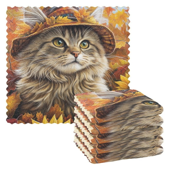 Fall Cat and Pumpkin Sunflowers Kitchen Cloth Dish Towels for Drying Washing Absorbent Dish Rags 6 Pack