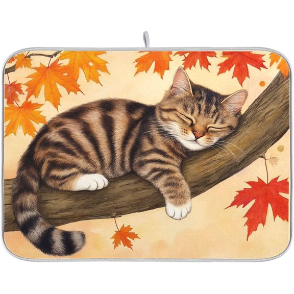 Fall Cats Dish Drying Mat for Kitchen Countertop 16x18 Autumn Maple Leaves Kitty Thanksgiving Day Small Drying Mat Reusable Quick Dry Dish Sink Mats Easy Clean Decorative Essentials