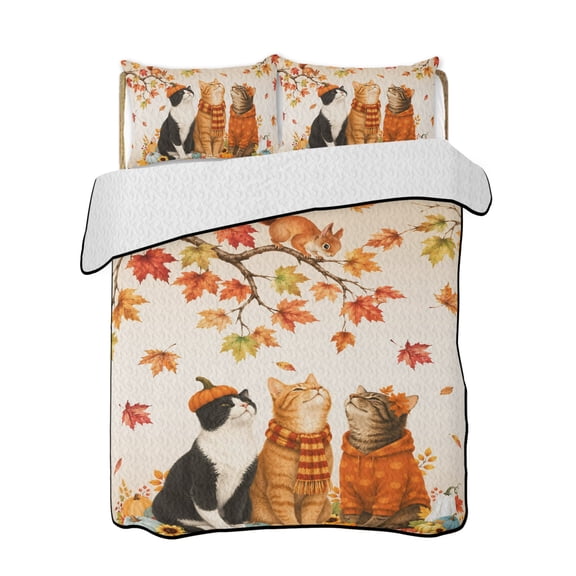 Fall Cats Quilts Bedding Set Full Size Thanksgiving Cute Cat Squirrel Maple Tree Sunflower Lightweight Quilted Bedspread 3 Piece Bed Quilt with 2 Pillow Shams All Season for Bedroom 68" x 98"