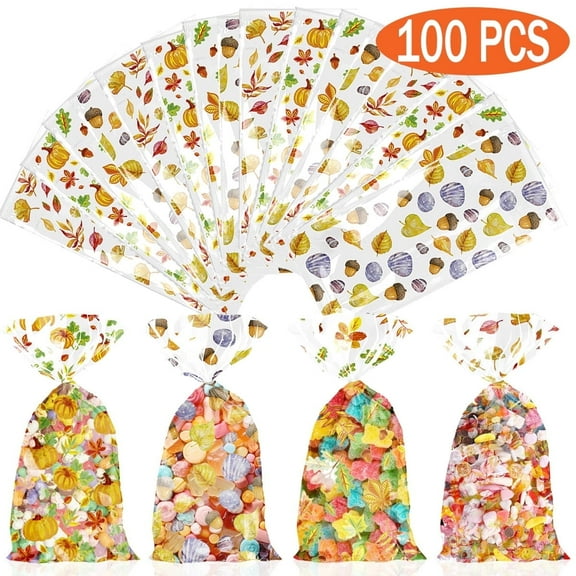 Thanksgiving Cellophane Bags Pumpkin Candy Bag Maple Leaves Goodie Bags with Twist Tie for Thanksgiving Fall Party Supplies 100Pcs