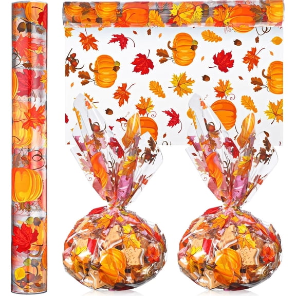 Fall Cellophane Wrapping Paper 100 ft x 16 Inch, Pumpkin Maple Leaf