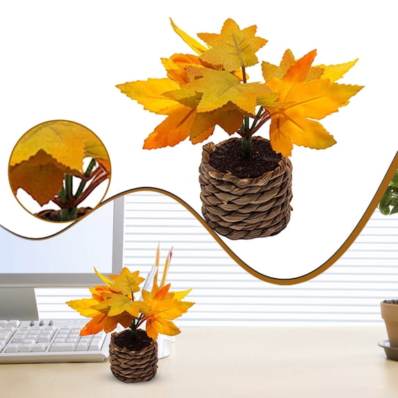 Fall Center Piece For Table,Artificial Fall Maple Potted Plant, Realistic Autumn Maple Leaf Bonsai With Woven Basket Pot,Thanksgiving Centerpieces For Tables,Farmhouse Shelf Mantel Home Decoration