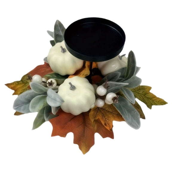 Fall Centerpiece Table Decoration Neutral Thanksgiving Tabletop with 1 Candle Holder Artificial Maple Leaves White Pumpkin and Berries Rustic Harvest Farmhouse Decor for Autumn Fireplace Mantel