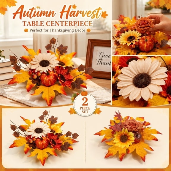 Fall Centerpieces for Home Tables Set of 2, Thanksgiving Table Decorations with Artificial Pumpkins, Sunflowers & Maple Leaves, Rustic Autumn Floral Arrangements for Home, 1Pack A