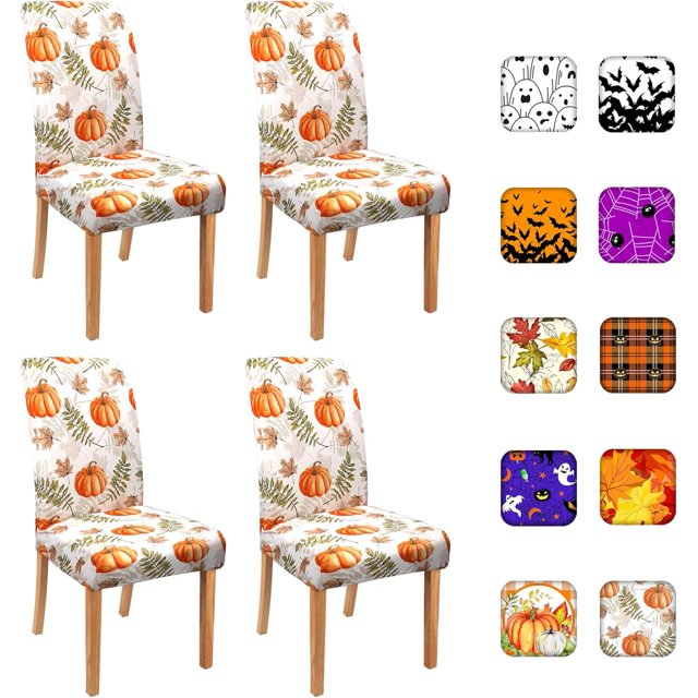 Fall Chair Covers for Dining Room Set of 4, Fall Pumpkin Stretch Dining