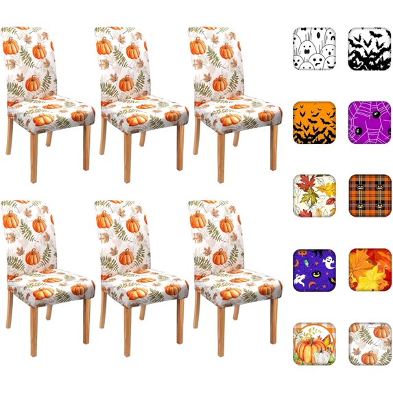 Fall Chair Covers for Dining Room Set of 6, Fall Pumpkin Stretch Dining Chair Cover 6 Pieces, Washable Kitchen Chair Slipcovers 6 Pack, Removable Seat Protector for Thanksgiving Day Decor