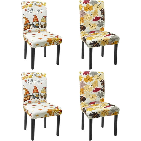 Fall Chair Covers Set of 4 Gnomes Maple Leaves Stretch Parsons Chair Slipcovers for Fall Thanksgiving Dining Room Decor Chair Seat Protectors(Gnomes Maple Leaf,4PCS)