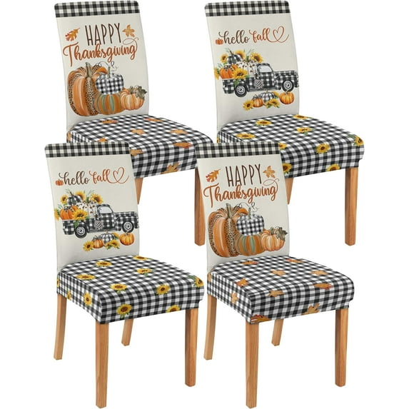 Fall Chair Covers Set of 4 Thanksgiving Dining Protector Stretch Autumn Pumpkin Truck Maple Leaves Slipcovers Removable Washable Back Chair Covers Home Decor Gifts