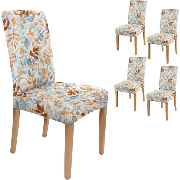 Fall Chair Covers Set of 4,Thanksgiving Dining Stretch Removable Protector,Autumn Brown Blue Watercolor Leaves Chair Back Covers Farmhouse Decor,Colorful Seat Slipcovers for Dining Room and Party
