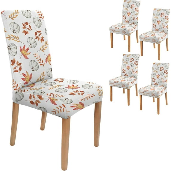 Fall Chair Covers Set of 4,Thanksgiving Dining Stretch Removable Protector,Autumn White Pumpkin Maple Leaves Chair Back Covers Farmhouse Decor,Colorful Seat Slipcovers for Dining Room and Party