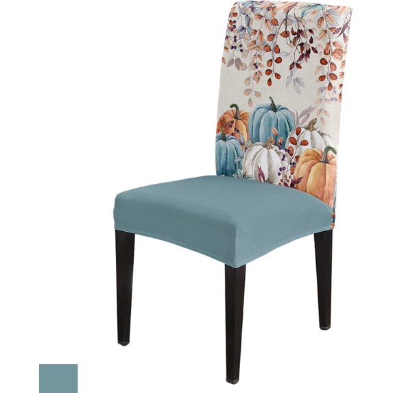 Fall Chair Covers Set of 6, Retro Orange White Blue Harvest Pumpkin Leaves Printed Chair Slipcovers Stretch Removable Kitchen Parson Spandex Thanksgiving Chair Covers Protector for Dining Room