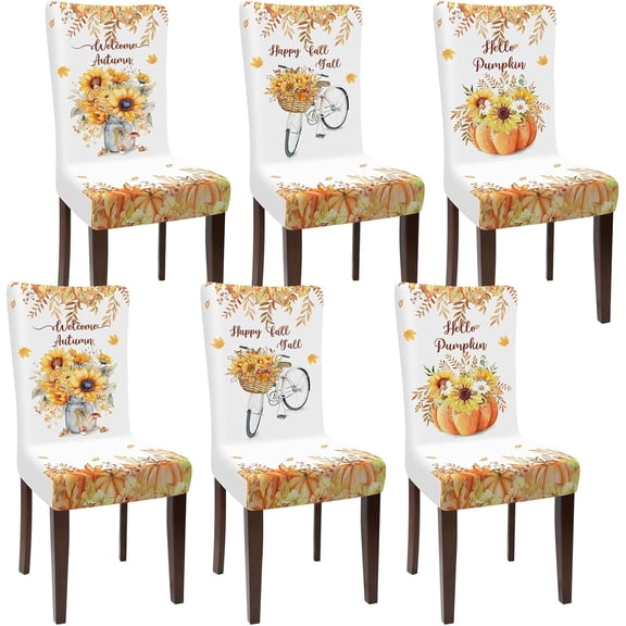Fall Chair Covers Set of 6 Thanksgiving Dining Protector Stretch Removable Washable Autumn Pumpkin Sunflower Maple Leaves Slipcovers for Dining Hotel Party Wedding