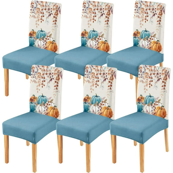 Fall Chair Covers Set of 6,Thanksgiving Parsons Chair slipcovers,Fall Pumpkin Kitchen Dining Room Decor Chair Seat Cover Protectors(Blue Pumpkin,6 Pack)