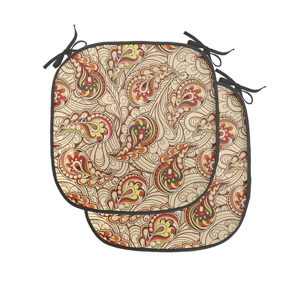 Fall Chair Seating Cushion Set of 2, Leaves in Paisley Design Folkloric Art Original Culture Inspired Motif, Seat Pads for Office with Anti-slip Backing, 16"x16", Red Beige, by Ambesonne