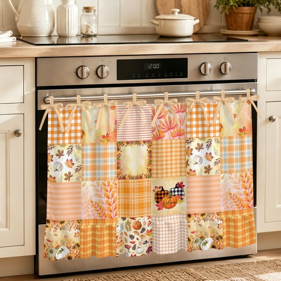 Fall Checked Oven Skirt for Farmhouse Kitchen Décor, Farmhouse Pumpkins Thanksgiving Autumn Oven Curtain Tie Top Decorative Stove Skirt, Cabinet Dish Washer Curtains with 8 Ribbon Ties 27"x20"
