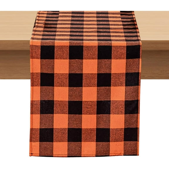 Fall Checkered Table Runner - Orange Buffalo Plaid Halloween Thanksgiving Stain Resistant Washable Table Decoration for Dining/Parties/Holiday Decor, 13 x 36 Inch
